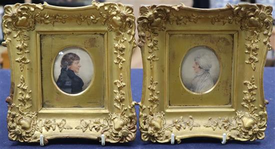Albin Roberts Burt (1783-1842), pair of watercolour on paper miniatures of a lady and gentleman, 6.5 x 5.5cm